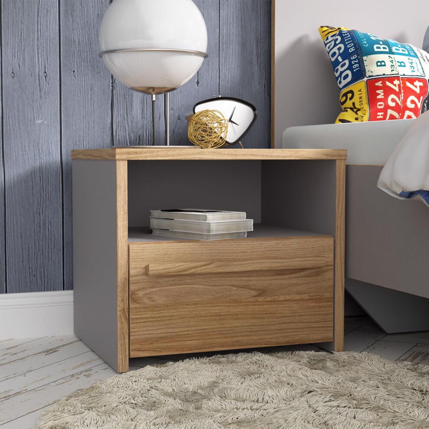 Matt Grey Oak Bedside Table – 1 Drawer & Open Shelf