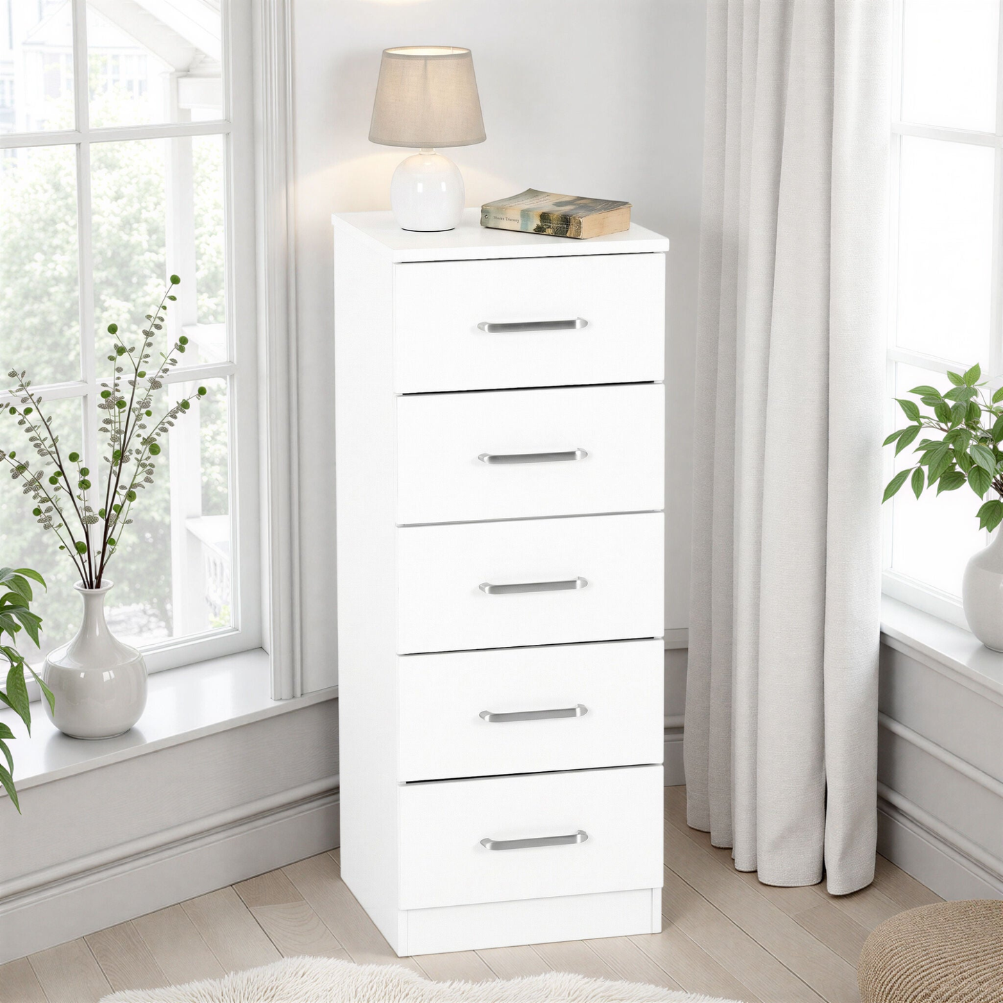 Dakota 5 Drawer Narrow Chest – White, Space-Saving Bedroom Storage