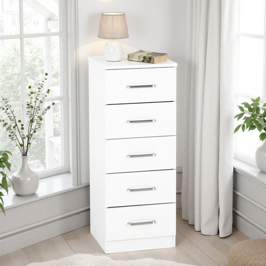 Dakota 5 Drawer Narrow Chest – White, Space-Saving Bedroom Storage