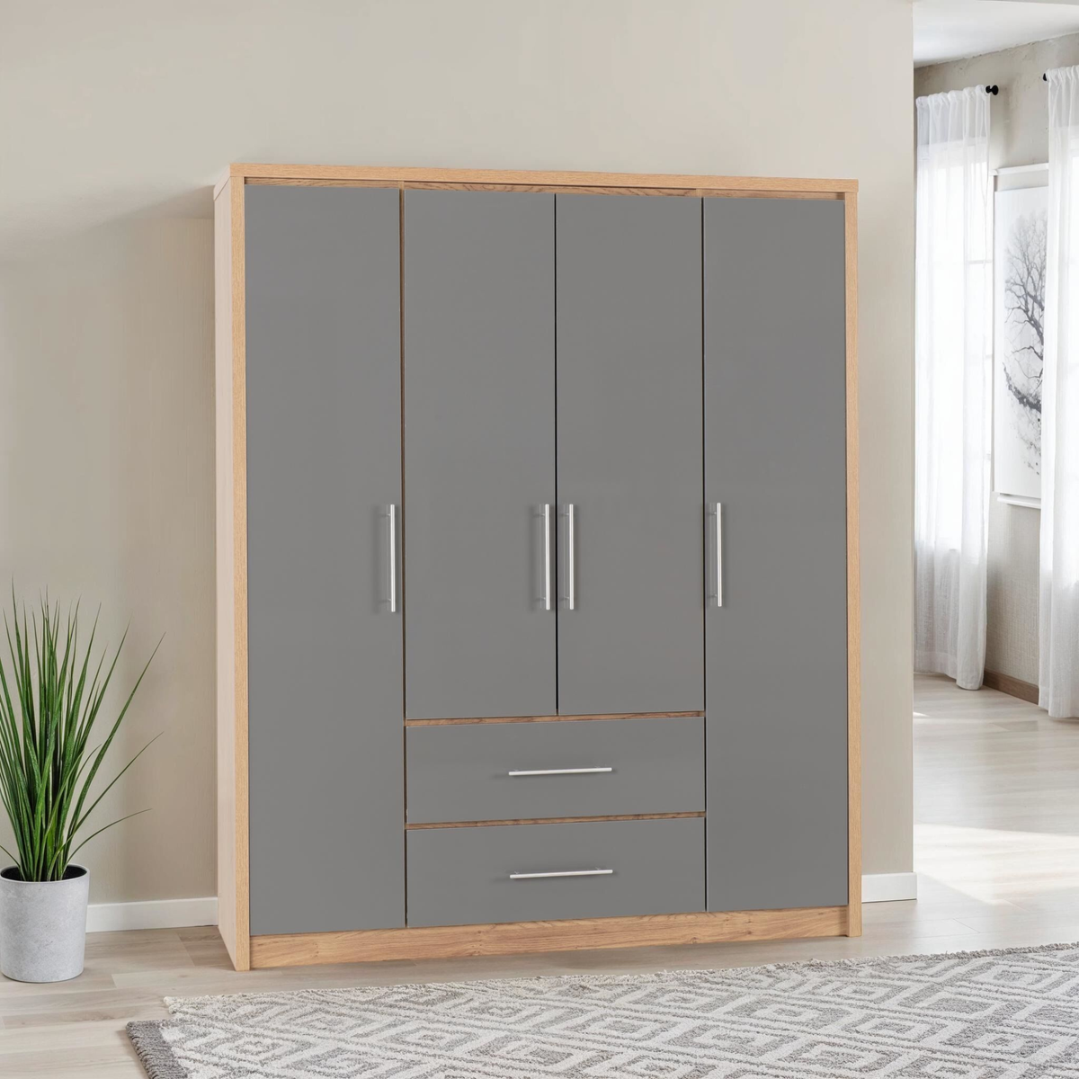 Seville 4 Door 2 Drawer Wardrobe - Grey Gloss/Oak