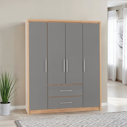 Seville 4 Door 2 Drawer Wardrobe - Grey Gloss/Oak