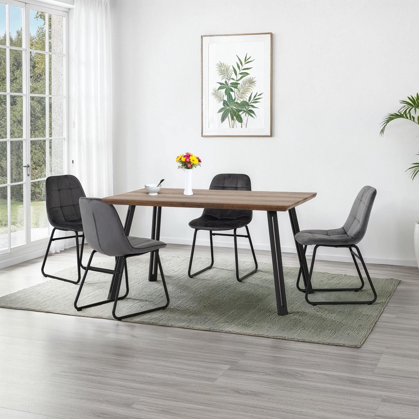 Quebec Straight & Lukas Dining Set - Oak Effect/Grey Velvet