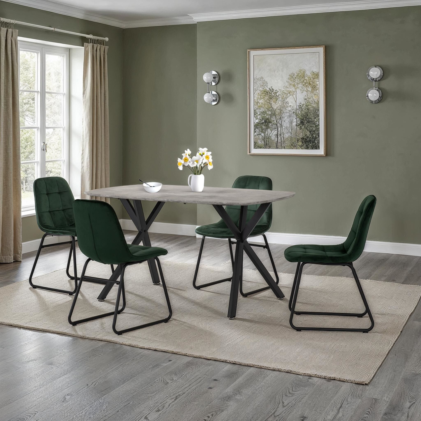 Athens Dining Set with 4 Lukas Chairs - Concrete & Emerald Velvet