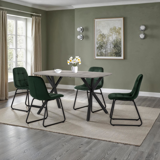 Athens Dining Set with 4 Lukas Chairs - Concrete & Emerald Velvet