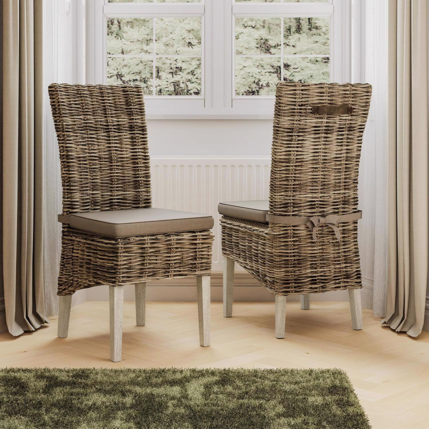 Maya Pair of Handmade Kubu Rattan Grey Wash Dining Chairs – Light Legs