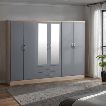 Nevada 6 Door 2 Drawer Wardrobe - Grey Gloss/Light Oak