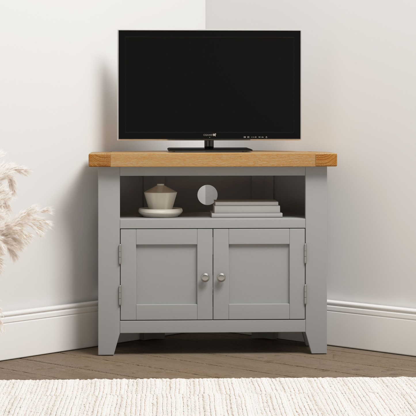 Windsor Corner TV Unit - Pebble Grey/Oak - Hardwood & Plywood