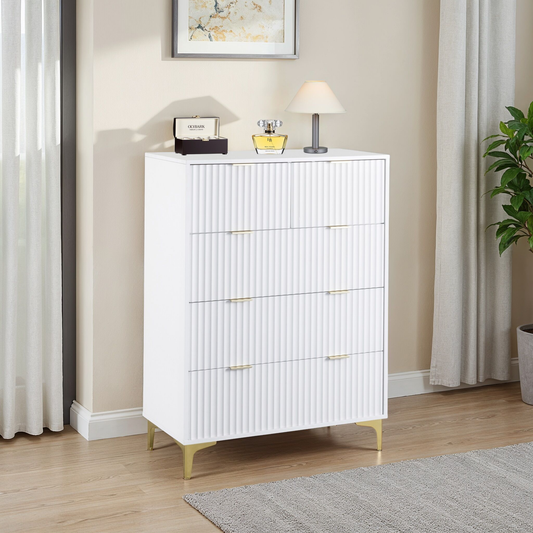 Miami 3+2 Drawer Chest – White/Gold, Elegant Storage Solution