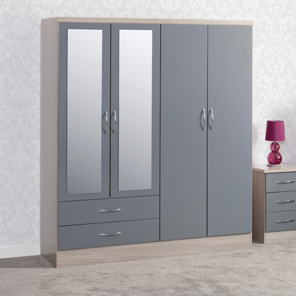 Nevada 4 Door 2 Drawer Wardrobe - Grey Gloss/Light Oak