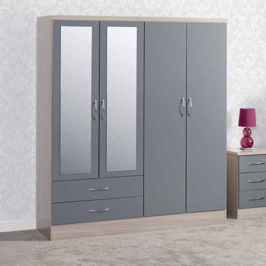 Nevada 4 Door 2 Drawer Wardrobe - Grey Gloss/Light Oak