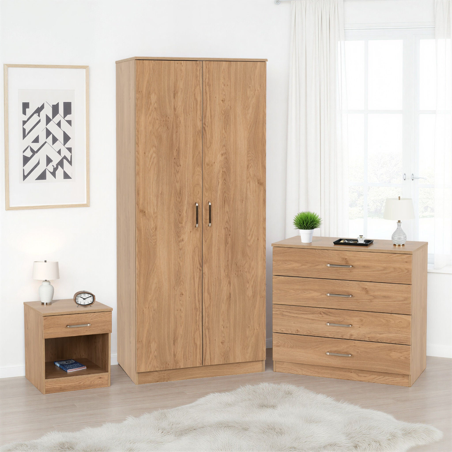 Dakota Trio Set Oak Effect Wardrobe Chest & Bedside