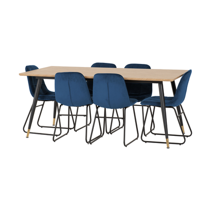 Hamilton & Lukas Large Dining Set (6 Chairs) - Oak/Sapphire Blue Velvet