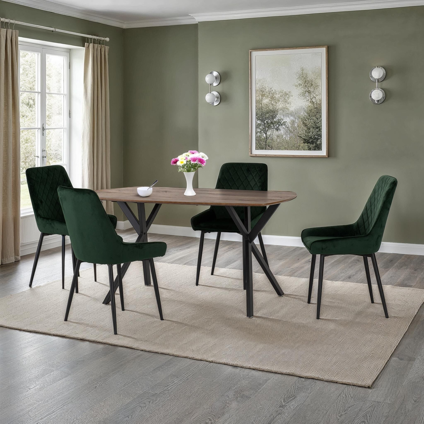 Athens Dining Set with 4 Avery Chairs - Oak & Velvet