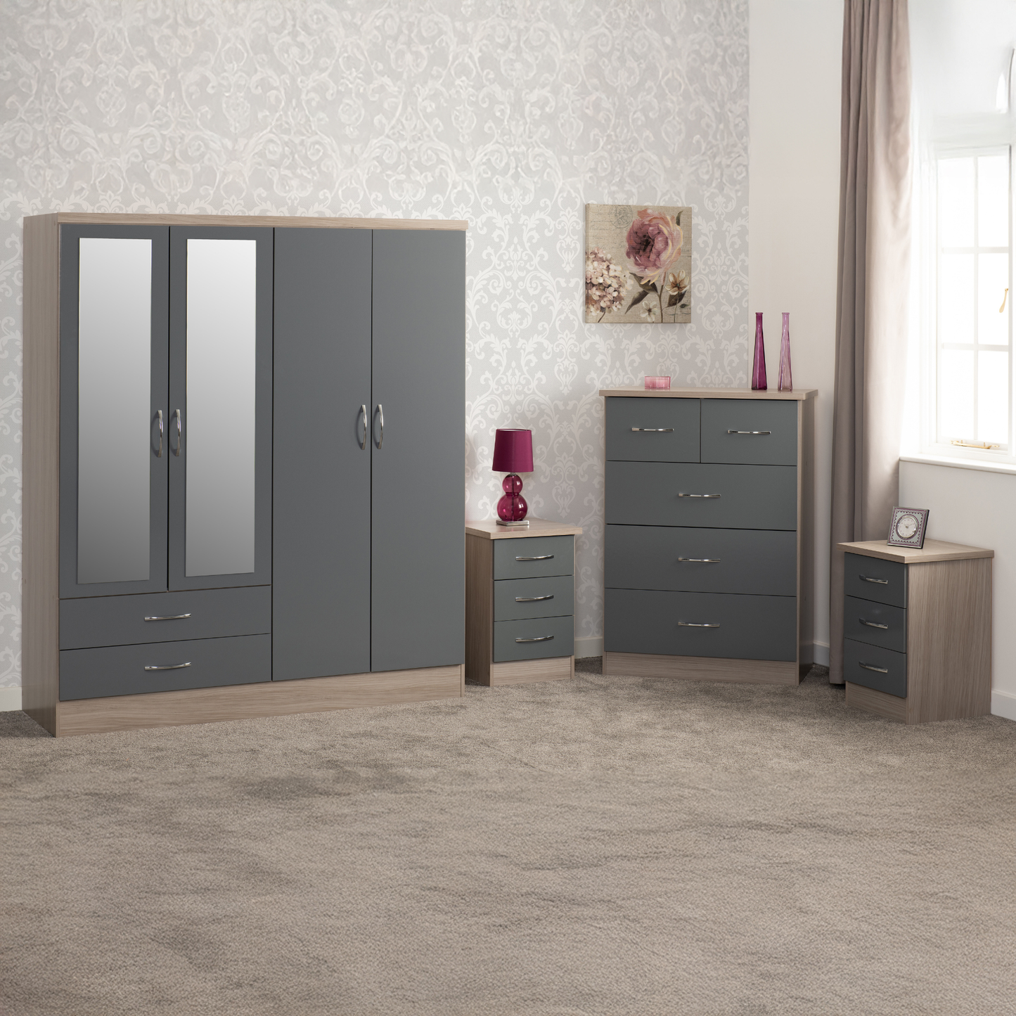 Nevada 4 Door 2 Drawer Wardrobe - Grey Gloss/Light Oak Veneer