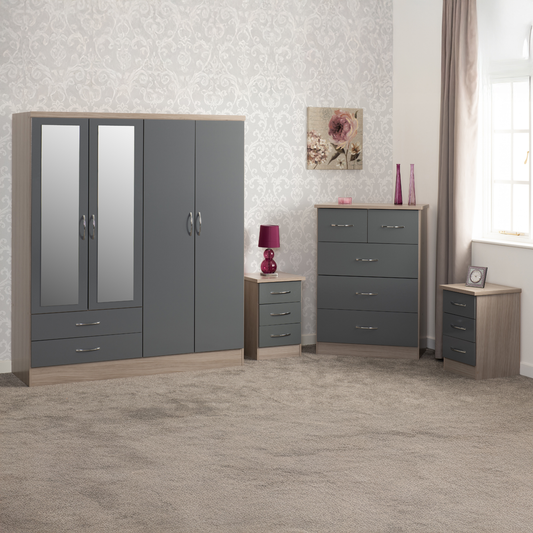 Nevada 4 Door 2 Drawer Wardrobe - Grey Gloss/Light Oak Veneer