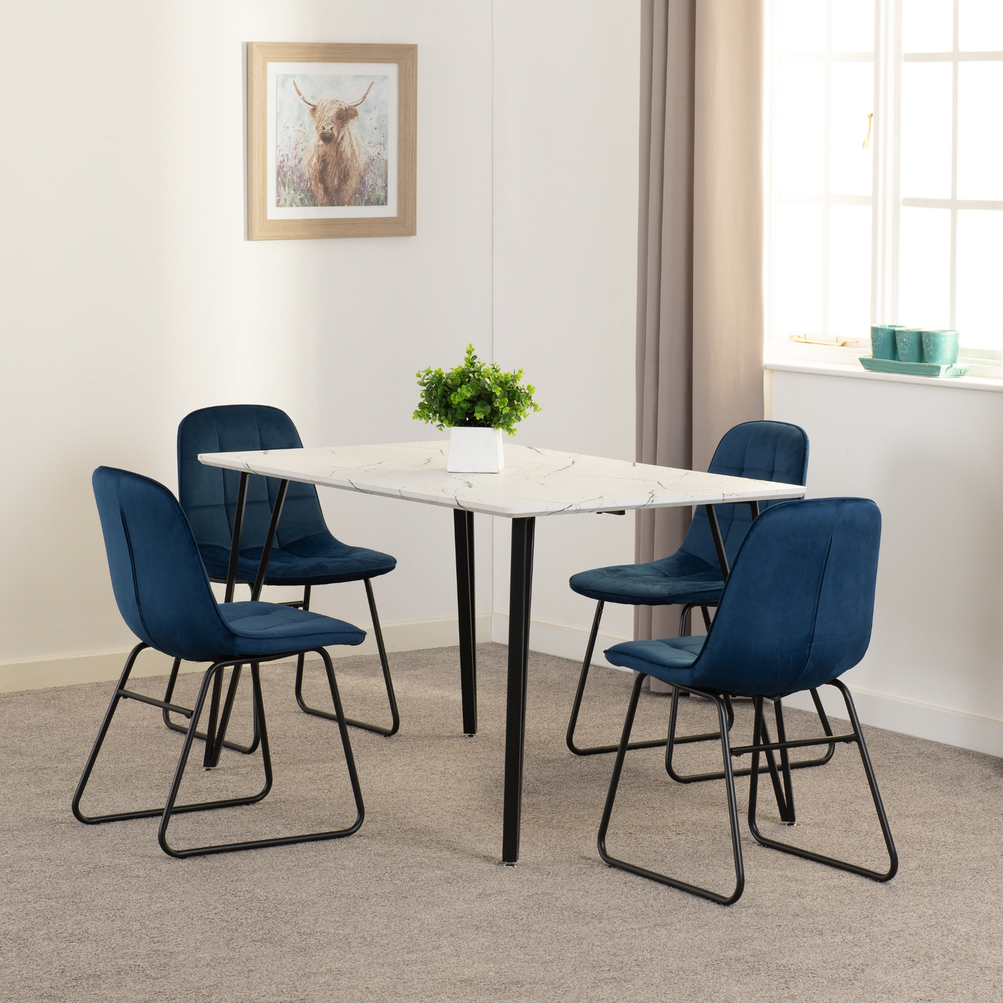 Marlow & Lukas Dining Set – White Marble & Sapphire Blue Velvet