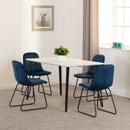 Marlow & Lukas Dining Set – White Marble & Sapphire Blue Velvet