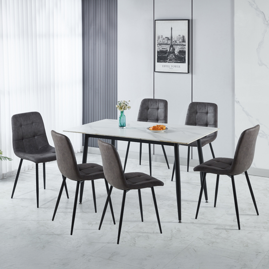 Fenton Dining Set with 6 Chairs - White & Dark Grey Suede Fabric