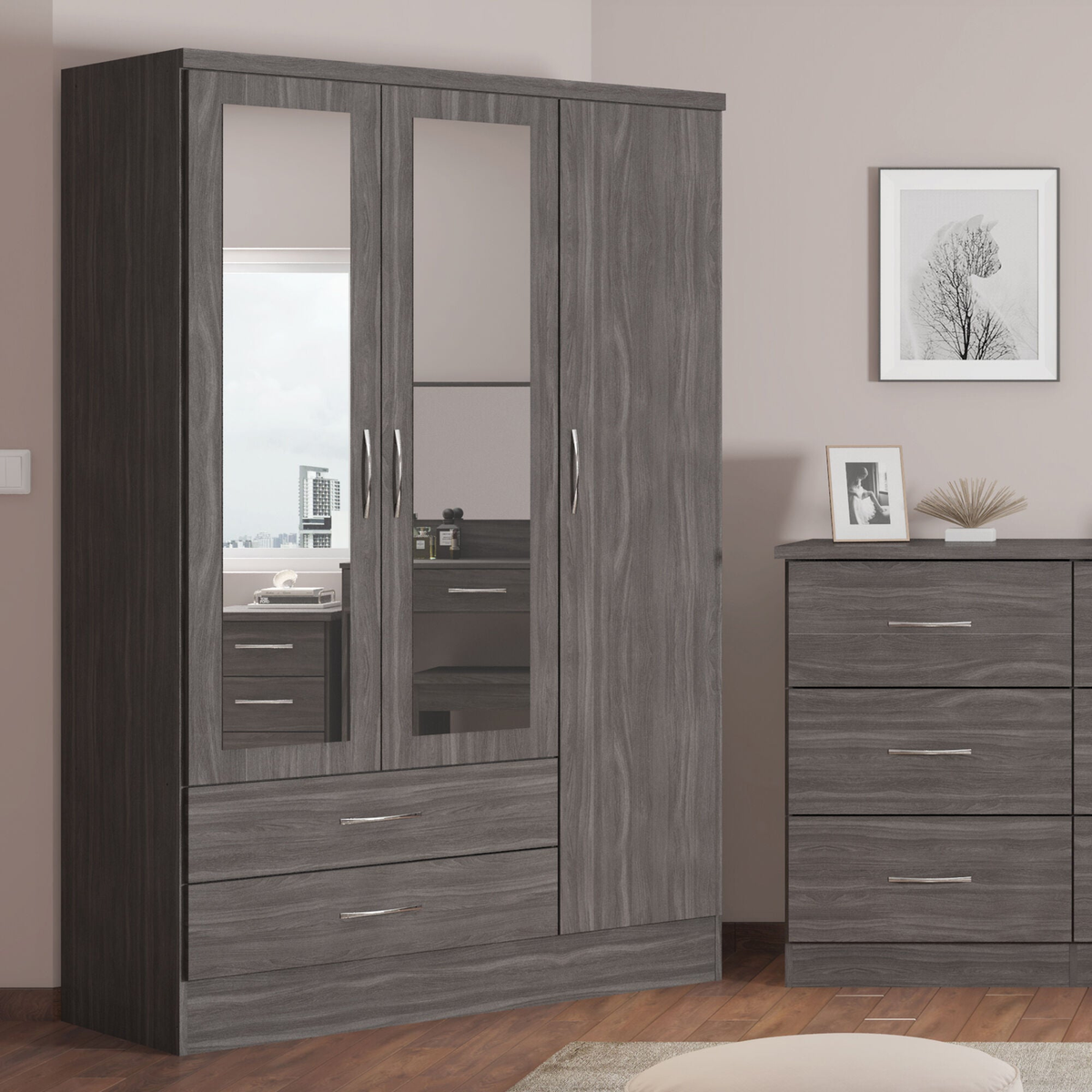 Nevada 3 Door 2 Drawer Mirrored Wardrobe - Black Wood Grain