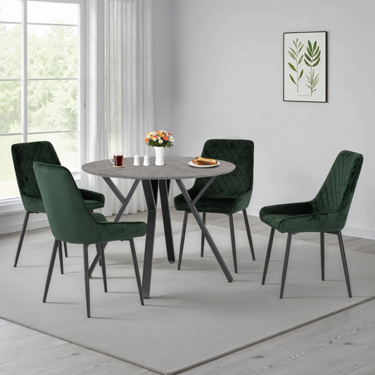 Athens Round Dining Set with 4 Avery Chairs - Concrete & Emerald Velvet