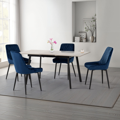 Avery Extending Dining Set with 4 Chairs - Concrete & Sapphire Blue Velvet