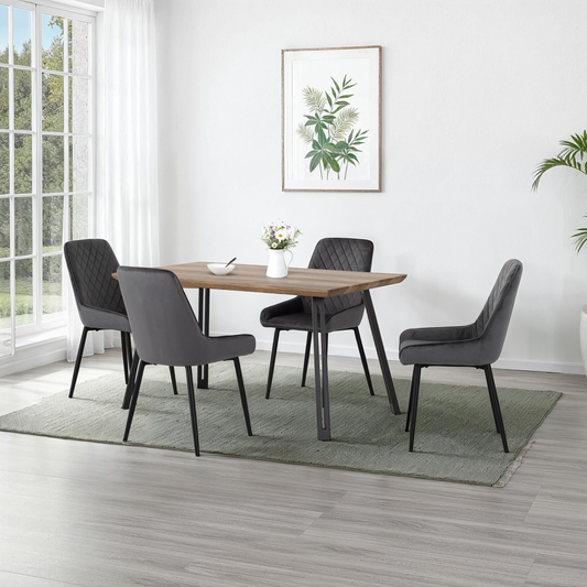 Quebec Straight & Avery Dining Set - Oak Effect/Grey Velvet