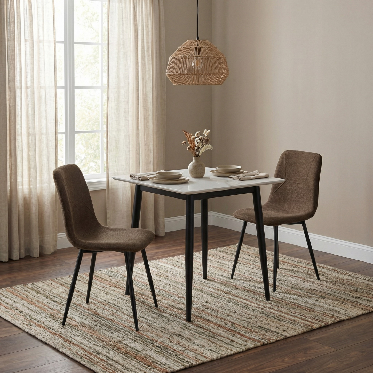 Nova Cream Square Dining Set with 2 Esme Dark Brown Chairs