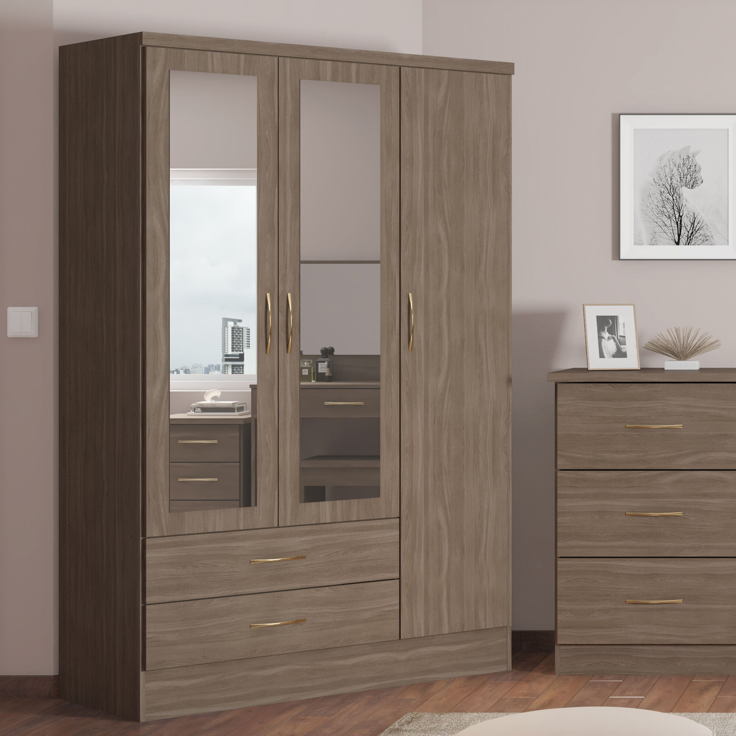 Nevada 3 Door 2 Drawer Wardrobe - Rustic Oak Effect