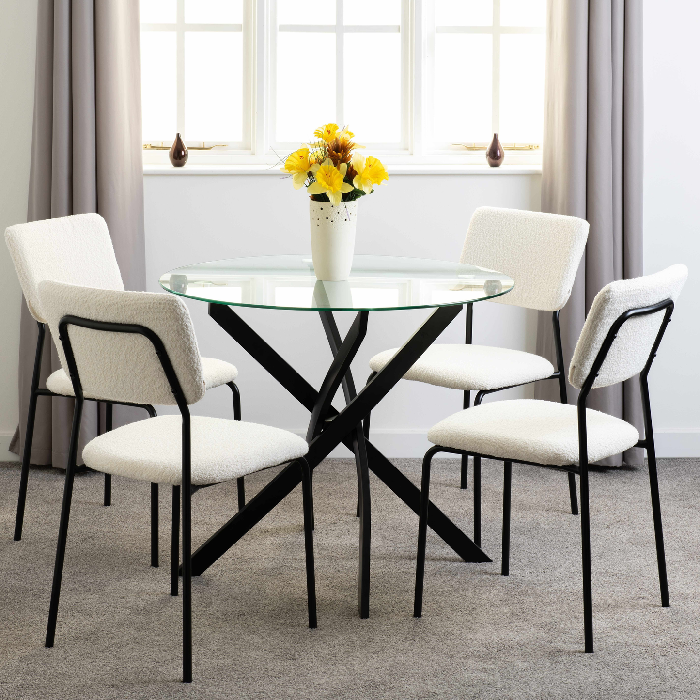 Sheldon Round Glass Dining Set - Clear Glass/Ivory Boucle