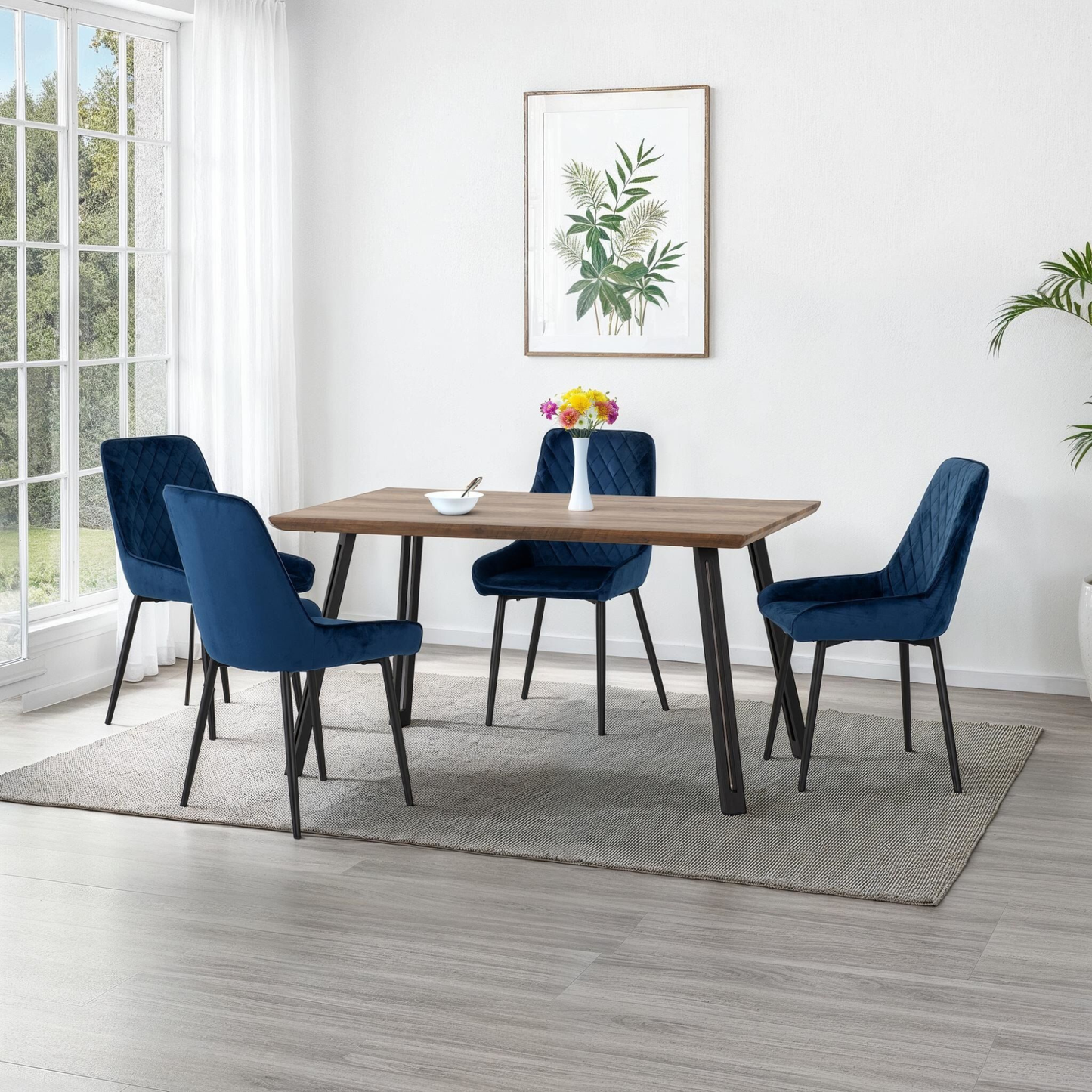 Quebec Straight & Avery Dining Set - Oak Effect/Sapphire Blue Velvet