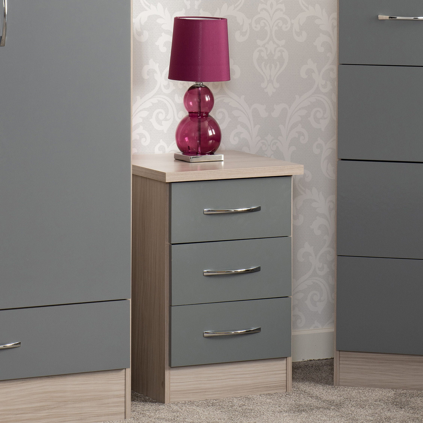 Nevada 3 Drawer Bedside – Grey Gloss/Light Oak Effect