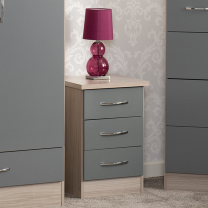 Nevada 3 Drawer Bedside – Grey Gloss/Light Oak Effect