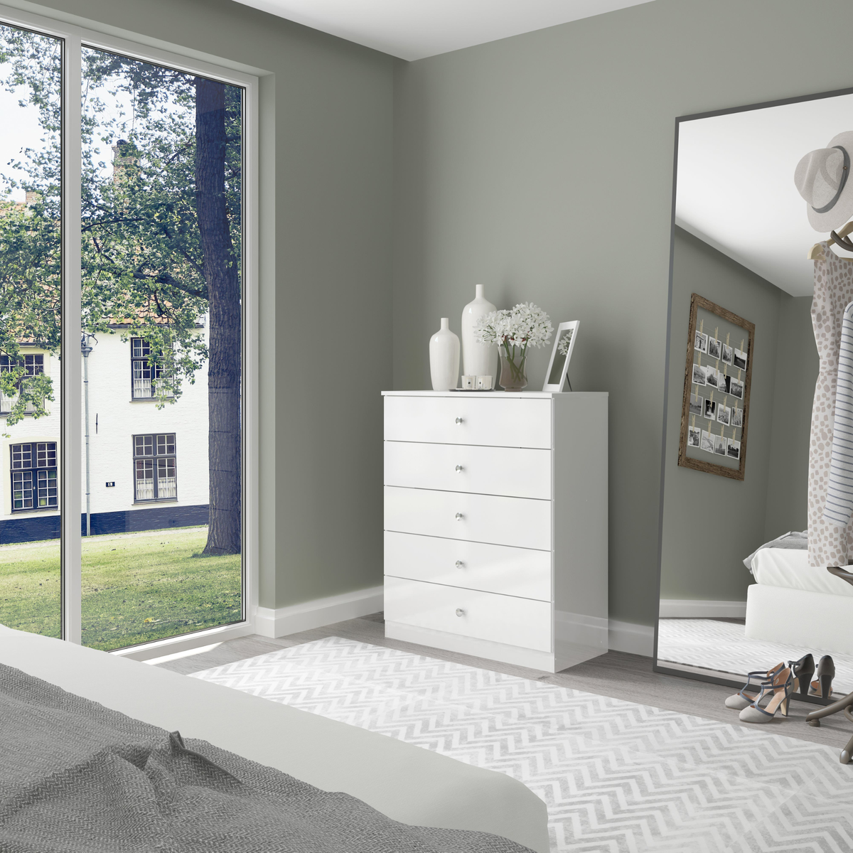 Denver 5 Drawer Chest – White Gloss, Modern Bedroom Storage