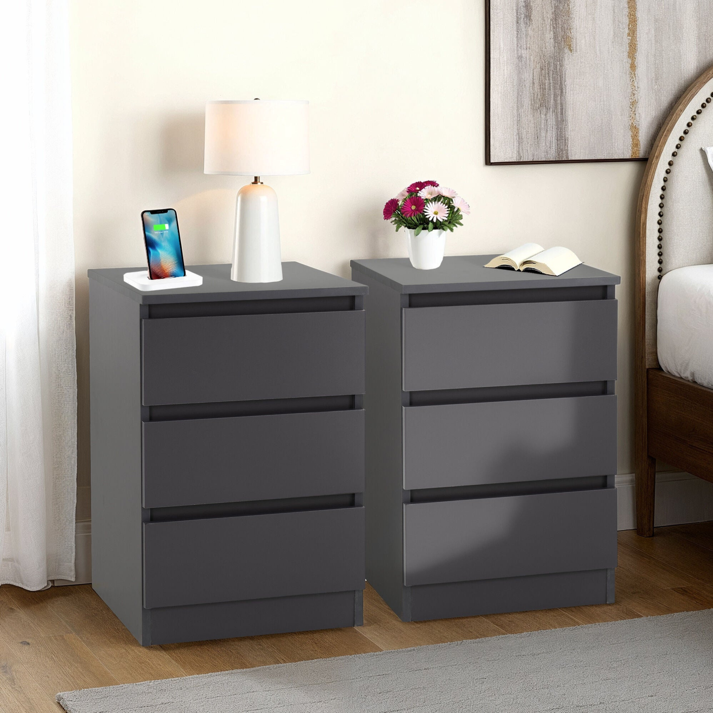 Malvern 3 Drawer Bedside x2 – Grey Storage