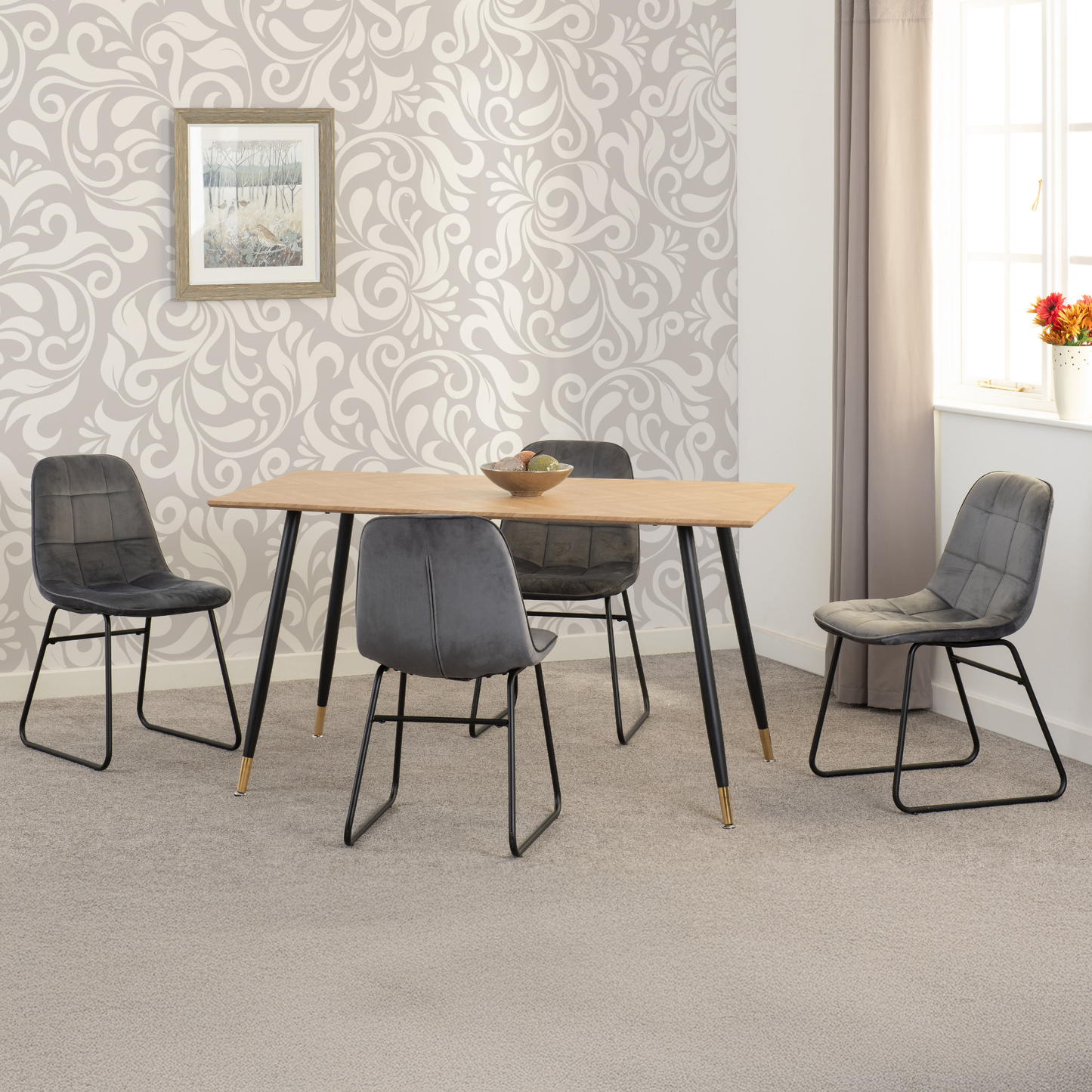Hamilton & Lukas Medium Dining Set (4 Chairs) - Oak/Grey Velvet