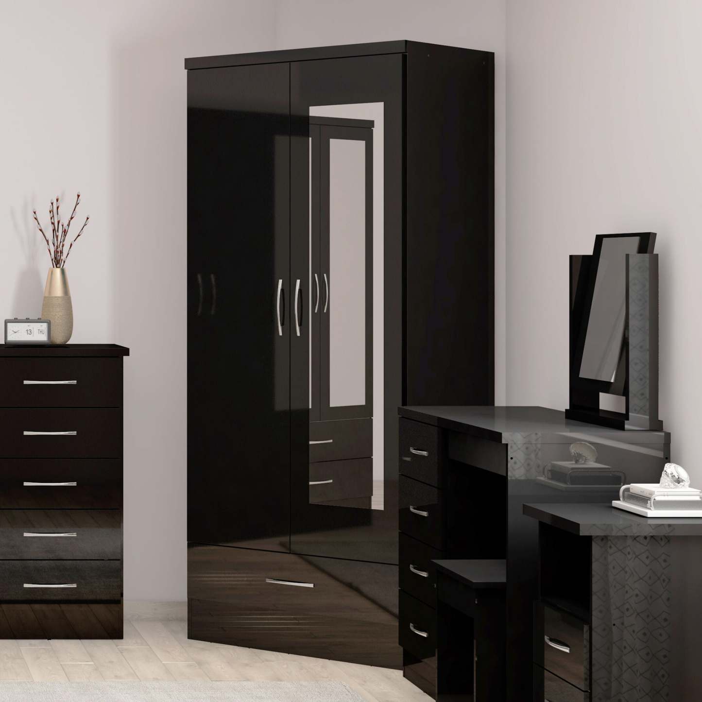 Nevada Mirrored 2 Door Wardrobe - Black Gloss