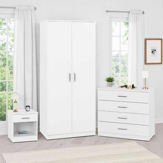 Dakota Trio Set White Wardrobe Chest & Bedside