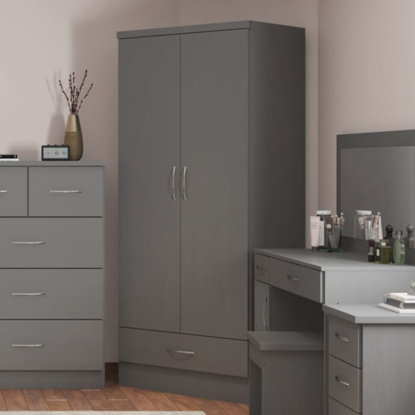 Nevada 2 Door 1 Drawer Wardrobe – 3D Grey Effect