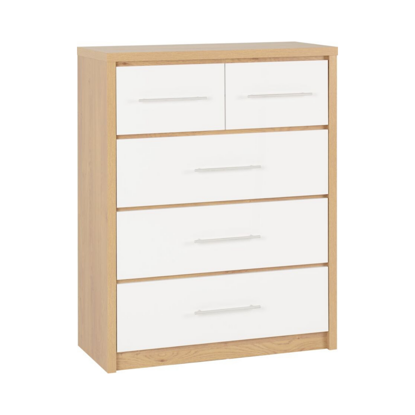 Seville 3+2 Drawer Chest - White Gloss/Light Oak Effect