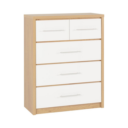 Seville 3+2 Drawer Chest - White Gloss/Light Oak Effect