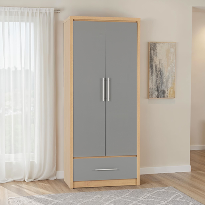 Seville 2 Door 1 Drawer Wardrobe - Grey Gloss/Oak Veneer