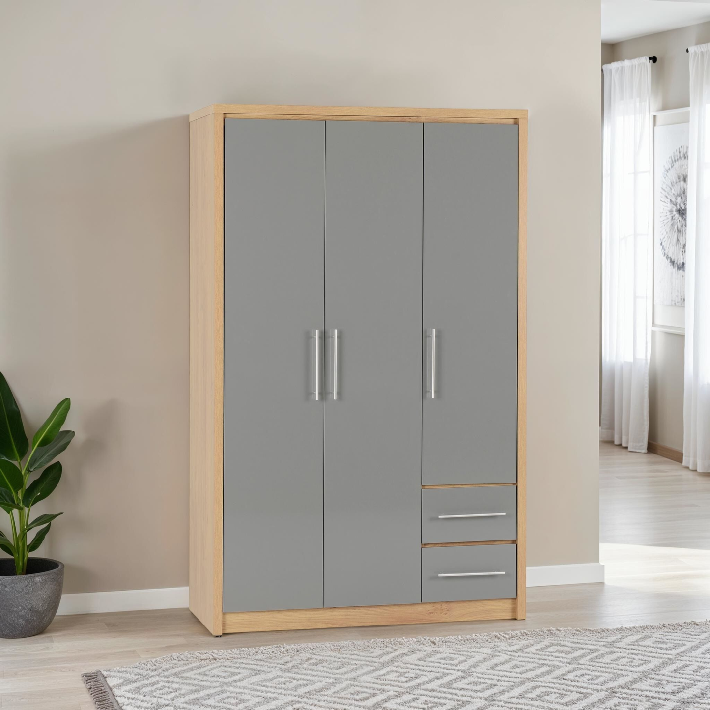 Seville 3 Door 2 Drawer Wardrobe - Grey Gloss/Oak Veneer