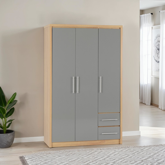 Seville 3 Door 2 Drawer Wardrobe - Grey Gloss/Oak Veneer