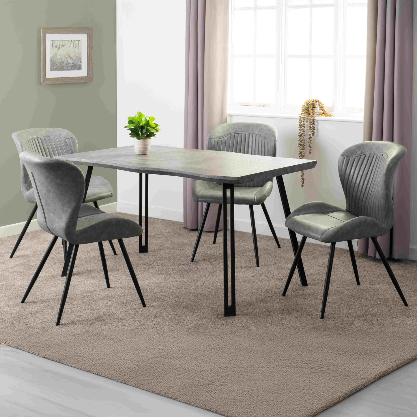 Quebec Wave Edge Dining Set - Concrete Effect/Grey Faux Leather