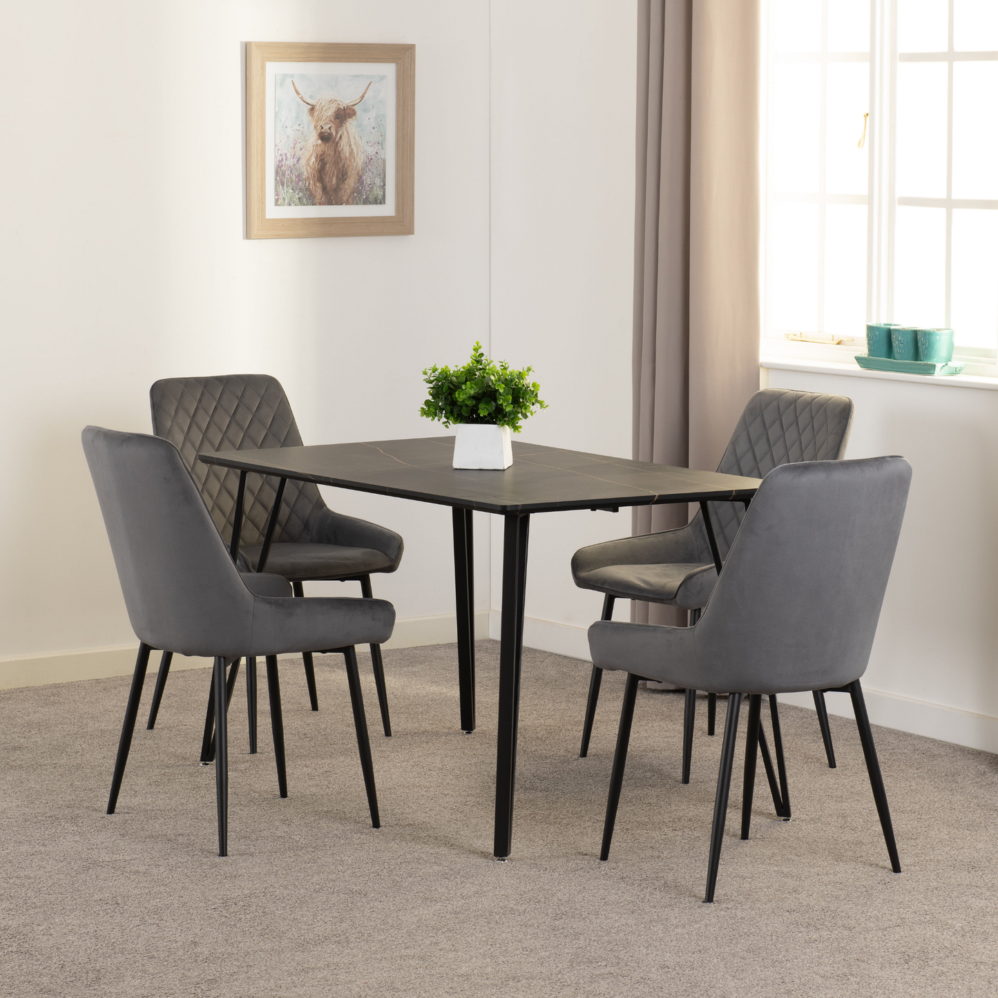 Marlow & Avery Dining Set (X4 Chairs) – Black Marble/Grey Velvet