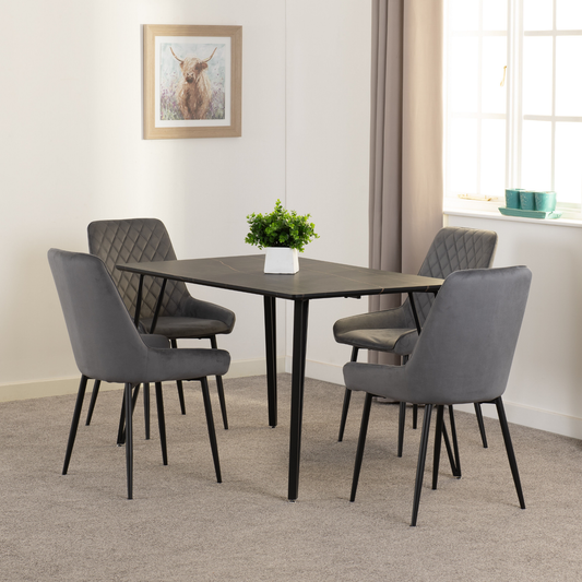 Marlow & Avery Dining Set (X4 Chairs) – Black Marble/Grey Velvet