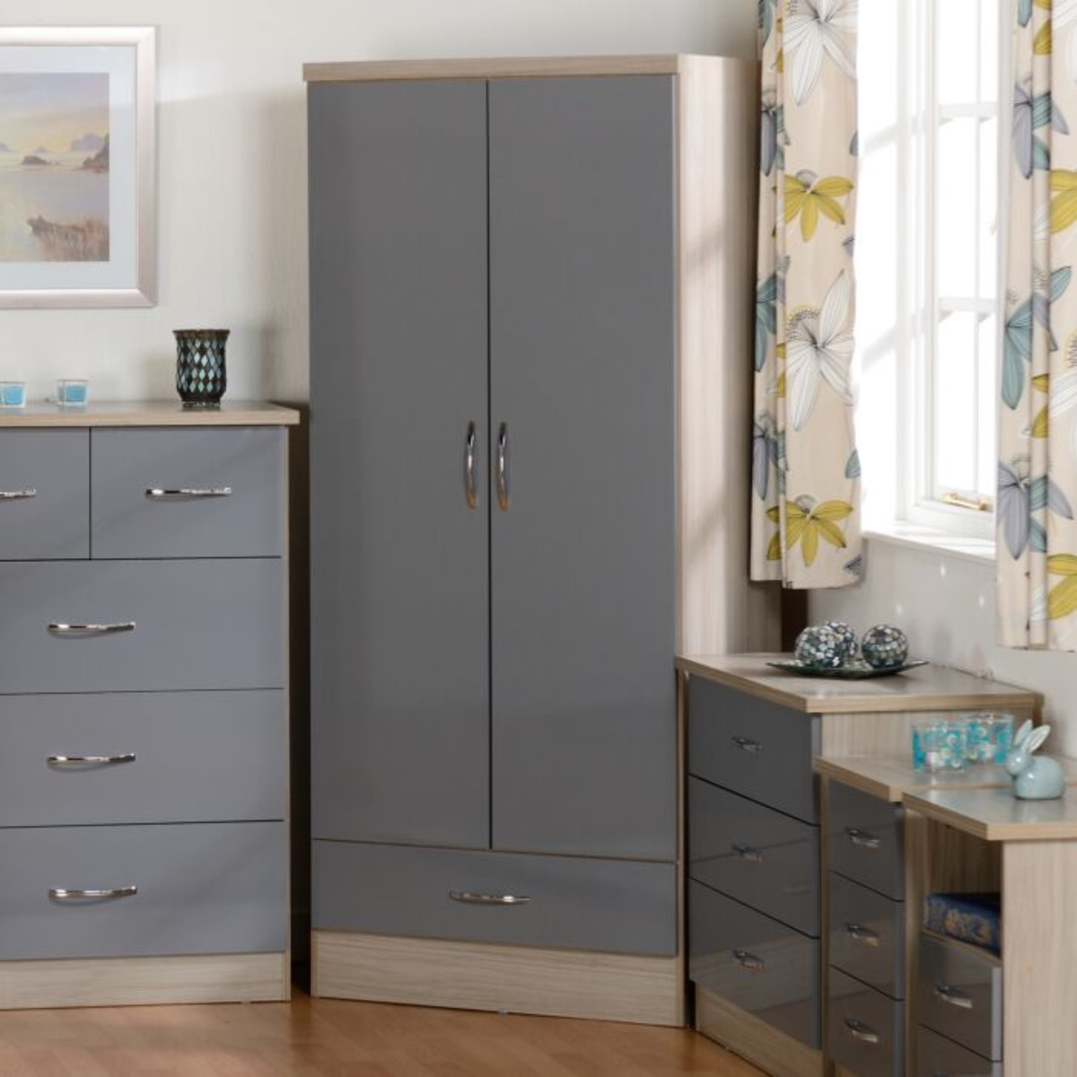 Nevada 2 Door 1 Drawer Wardrobe – Grey Gloss & Oak