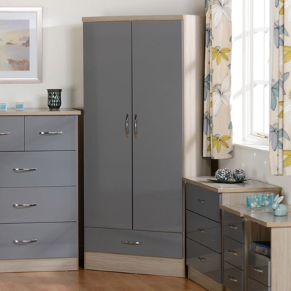 Nevada 2 Door 1 Drawer Wardrobe – Grey Gloss & Oak