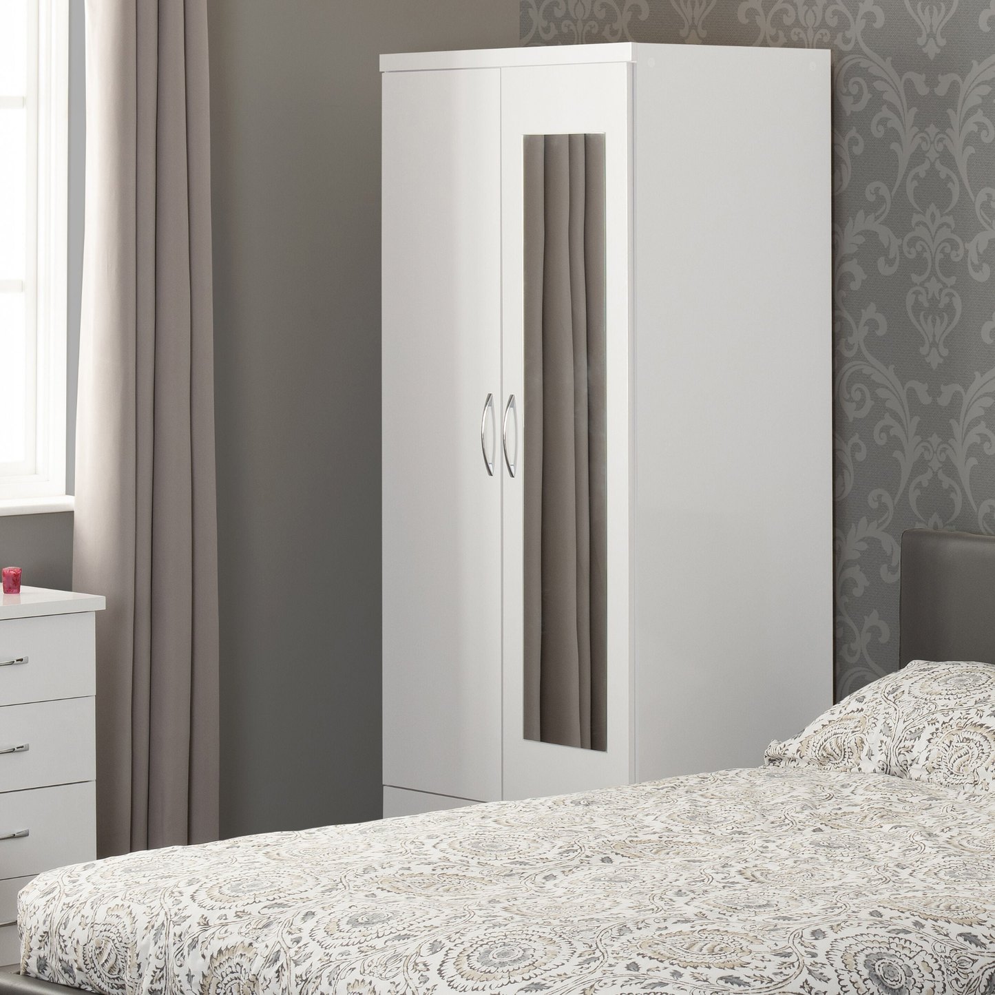 Nevada Mirrored 2 Door Wardrobe - White Gloss