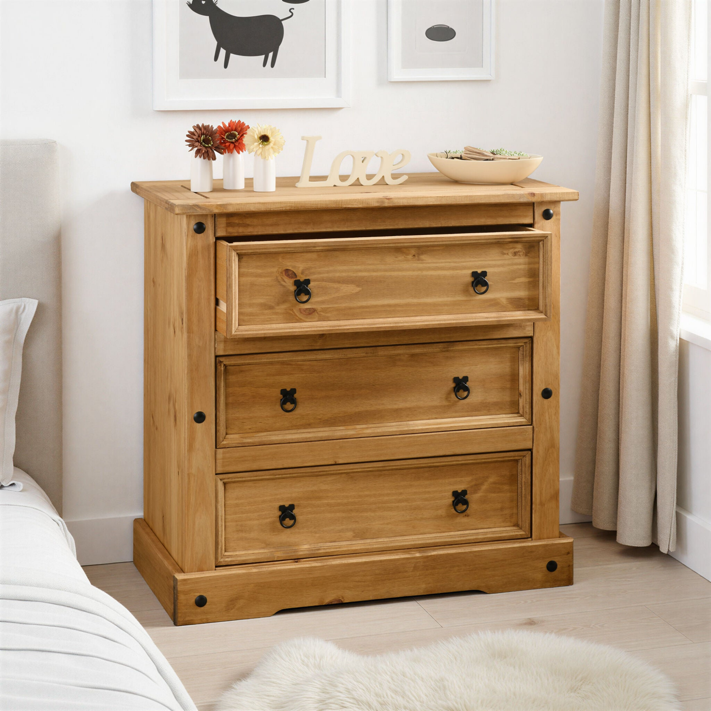 Corona 3 Drawer Chest – Distressed Waxed Pine, Rustic Storage